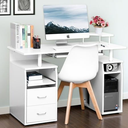 Keyboard Drawer Computer Furniture - ModernLuxe Computer Desk with Keyboard Tray Slide-out Cabinet Two Drawers