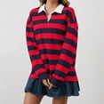 thumbnail image 5 of felwors Women's Oversized Striped Polo Sweatshirt Long Sleeve Rugby Collared Pullover Tops Loose Fit Shirt Red, L, 5 of 6