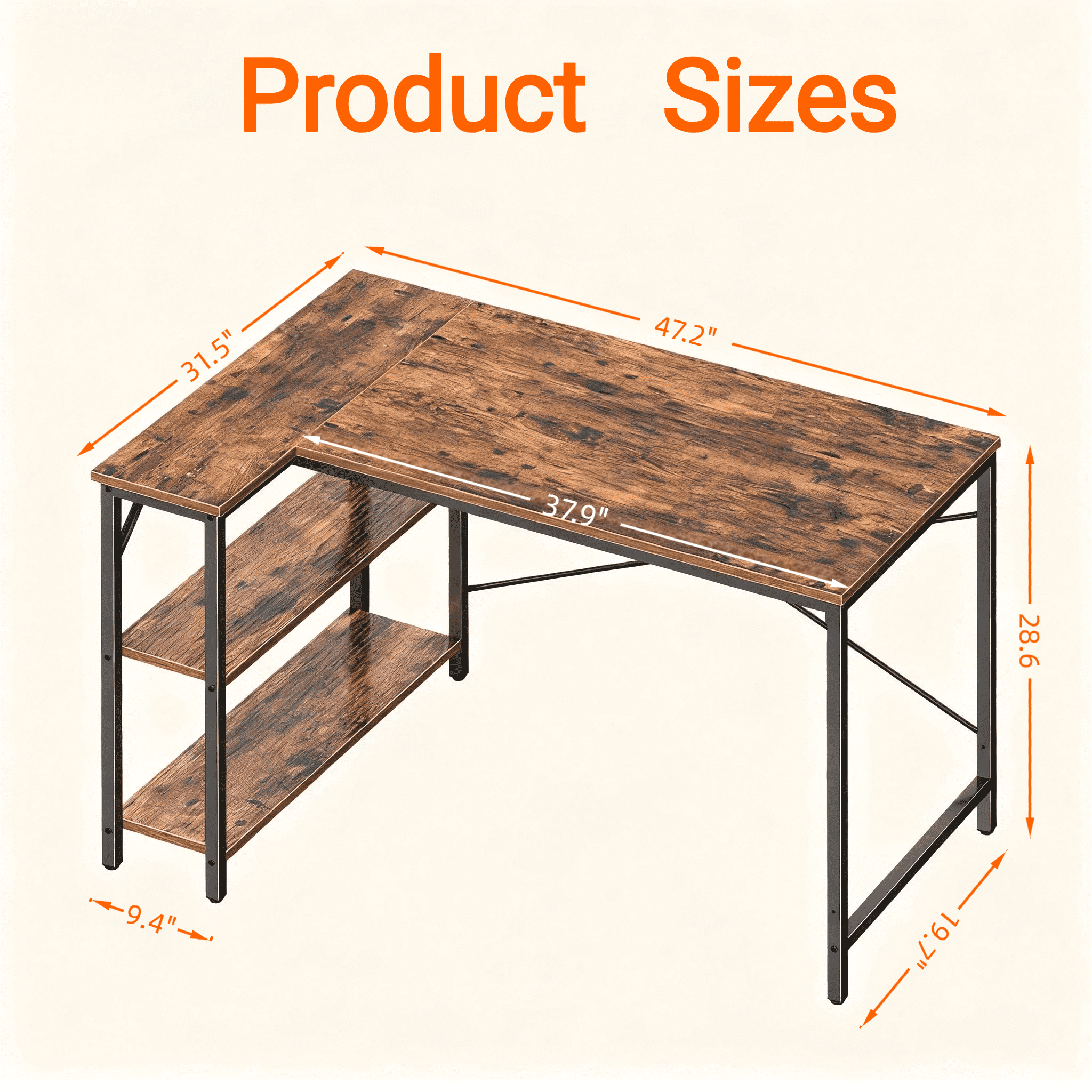 CONCETTA 47” L Shaped Computer Desk with Reversible Storage Shelves, Corner Gaming Desk with PC Stand, Home Office Writing Study Table, Black