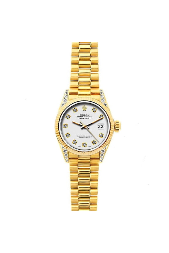 Pre-Owned Rolex Datejust 26MM 69178 Silver Diamond Dial Fluted Bezel 18K Yellow Gold President Bracelet