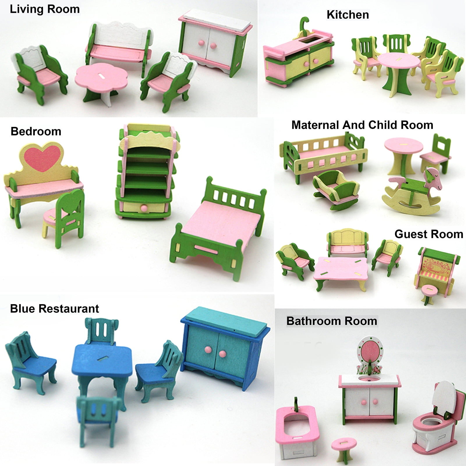 Wooden Doll House Miniature Bedroom Furniture Set Kids Children Role Play Toy 