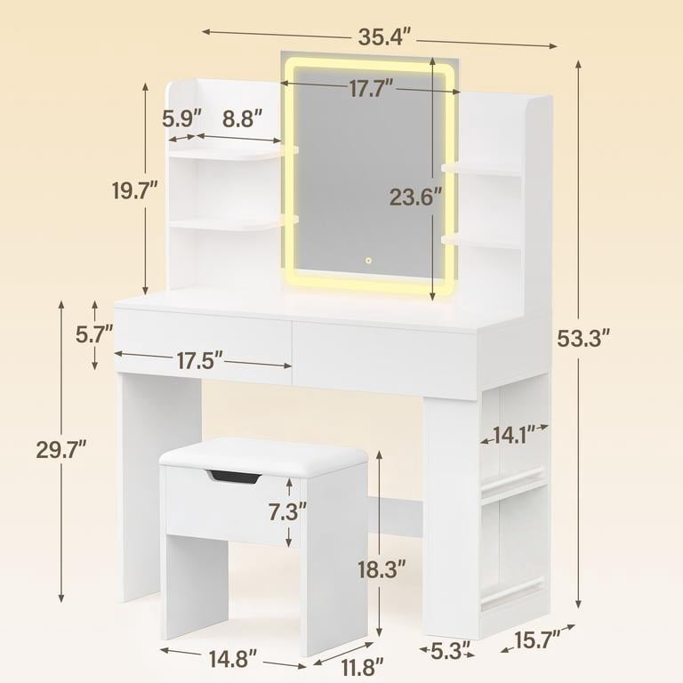 Lacoo Makeup Vanity Set with Lighted Mirror & Storage Stool, 3 Color Dimmable LED Dressing Table with Drawers & Shelves for Bedroom, White