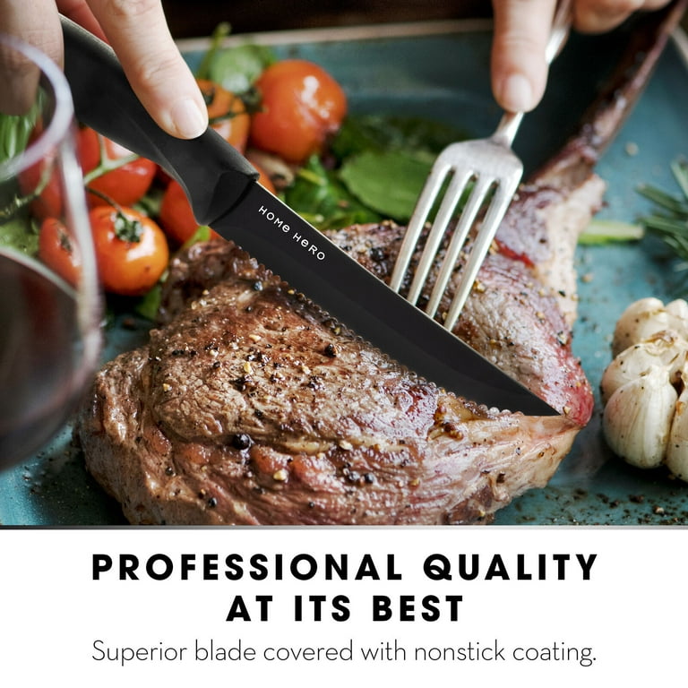 Hecef Black Oxide Steak Knife Set of 8, Dishwasher Safe High Carbon Stainless Steel Serrated Knives, Size: 10.24 x 8.66 x 1.1