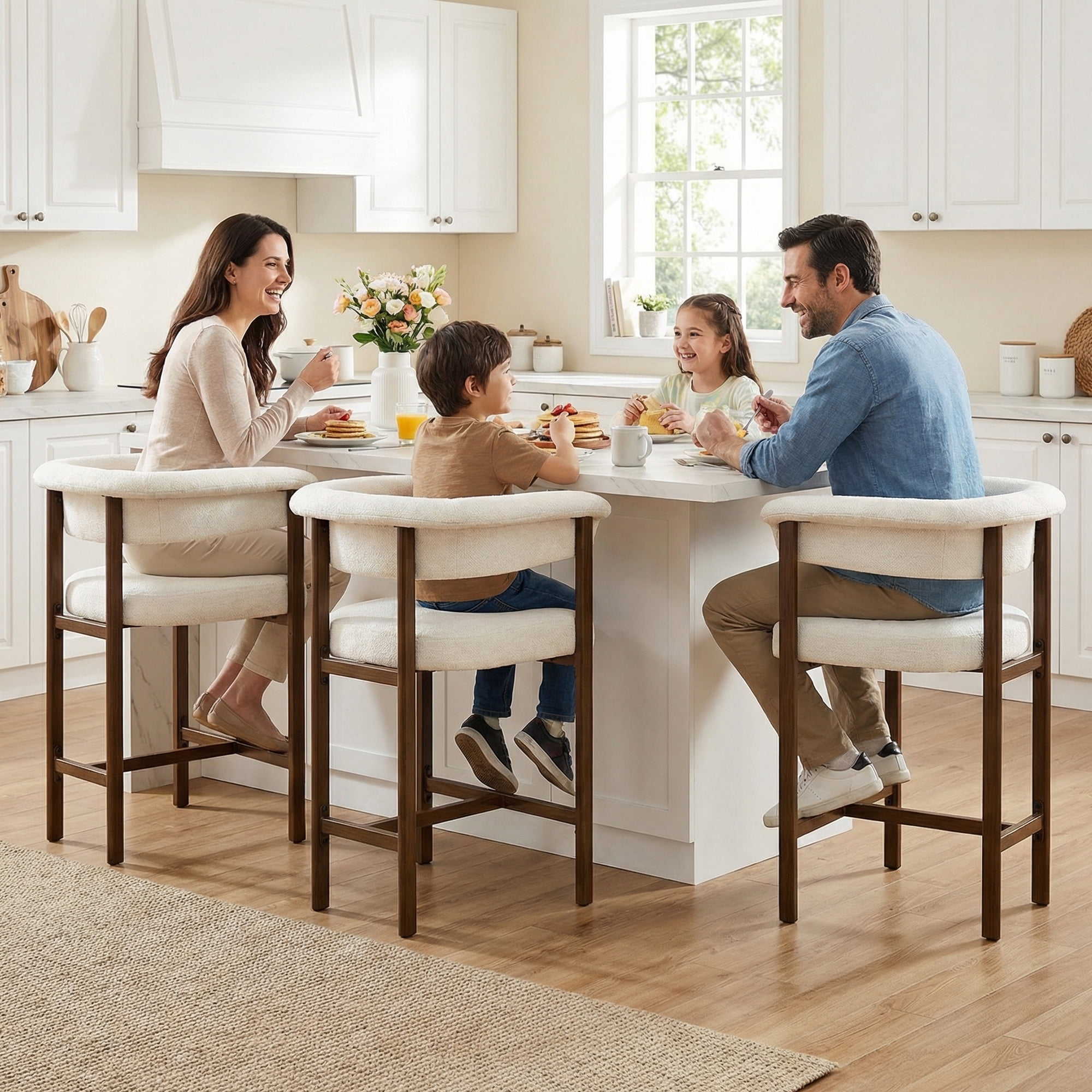 Primy Counter Height Bar Stool with Padded Arms, Modern Fabric Upholstered Dining Room Barstools Kitchen Island Armchair with Footrest+Curved Backrest