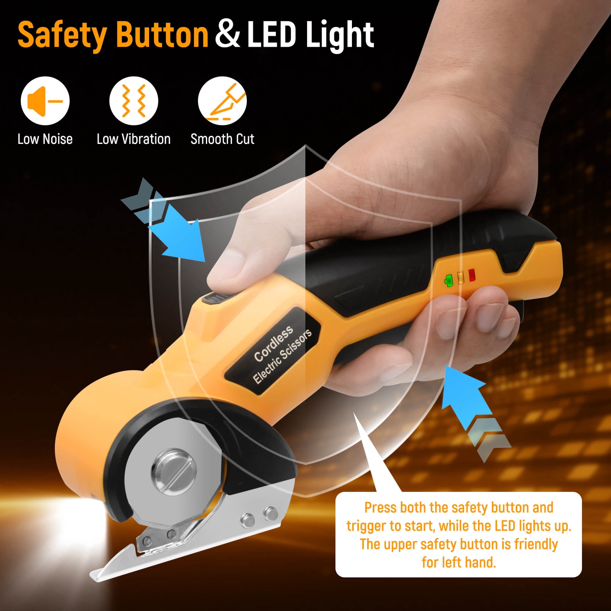 Cordless Electric Scissors, 4V Rechargeable Cardboard Cutter with LED Light ＆ Safety Lock for Fabric, Carpet, Leather, Plastic... (Yellow)