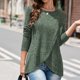 thumbnail image 3 of Camisa de manga larga para mujer Cuello redondo Apertura irregular Casual Manga larga suelta Top de punto a rayas verticales Verde XL, 3 of 6