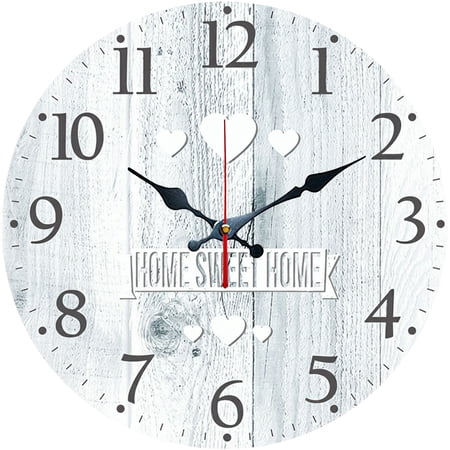 Hoease 10 Inch Silent Wall Clock, White Distressed Wood Love Heart Home Sweet Home Decorative Wall Clock, Battery Operated Non-Ticking Round Clock for Living Room Bedroom Farmhouse Home Decor