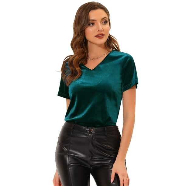 T-shirt en velours pour femme col rond manches courtes haut dÃ©contractÃ©  Vert XS 