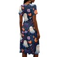 thumbnail image 5 of Women's V Neck Halloween Print Casual Dress Short Sleeve A Line Midi Dress with Self Tie Waist for Daily Wear Party Autumn Outfit Navy M, 5 of 5