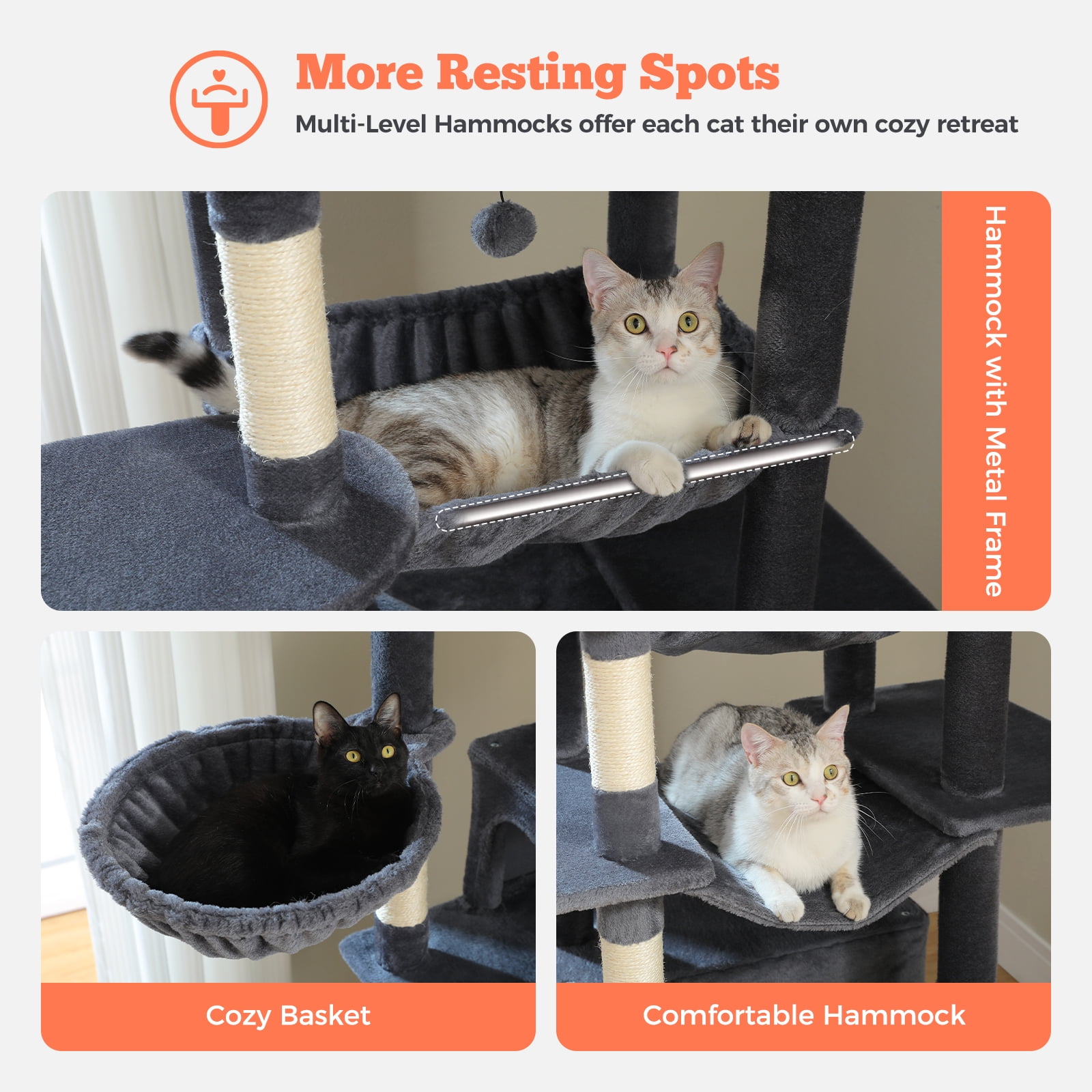 Pefilos 81" Tall Cat Tree for Indoor Cats, Multi-Level Cat Tower with Metal Frame Hammock, Scratching Ramp, 2 Top Perches, 2 Cozy Condos & 6 Scratching Posts, Dark Gray
