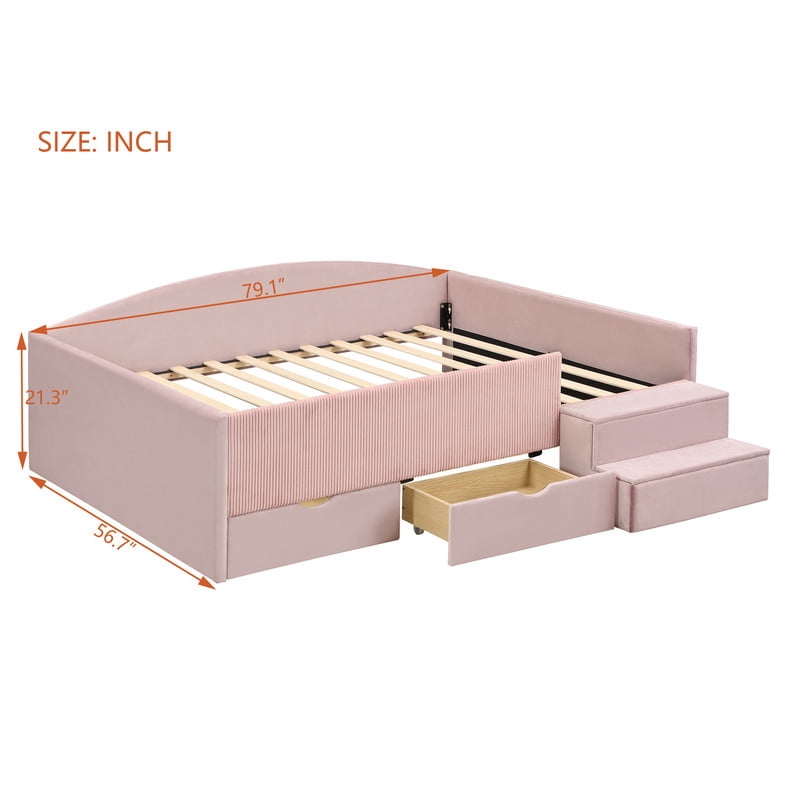Full Size Kids Daybed Frame with Small Stair & 2 Storage Drawers, Velvet+Corduroy Dual Upholstered Accent Platform Bed