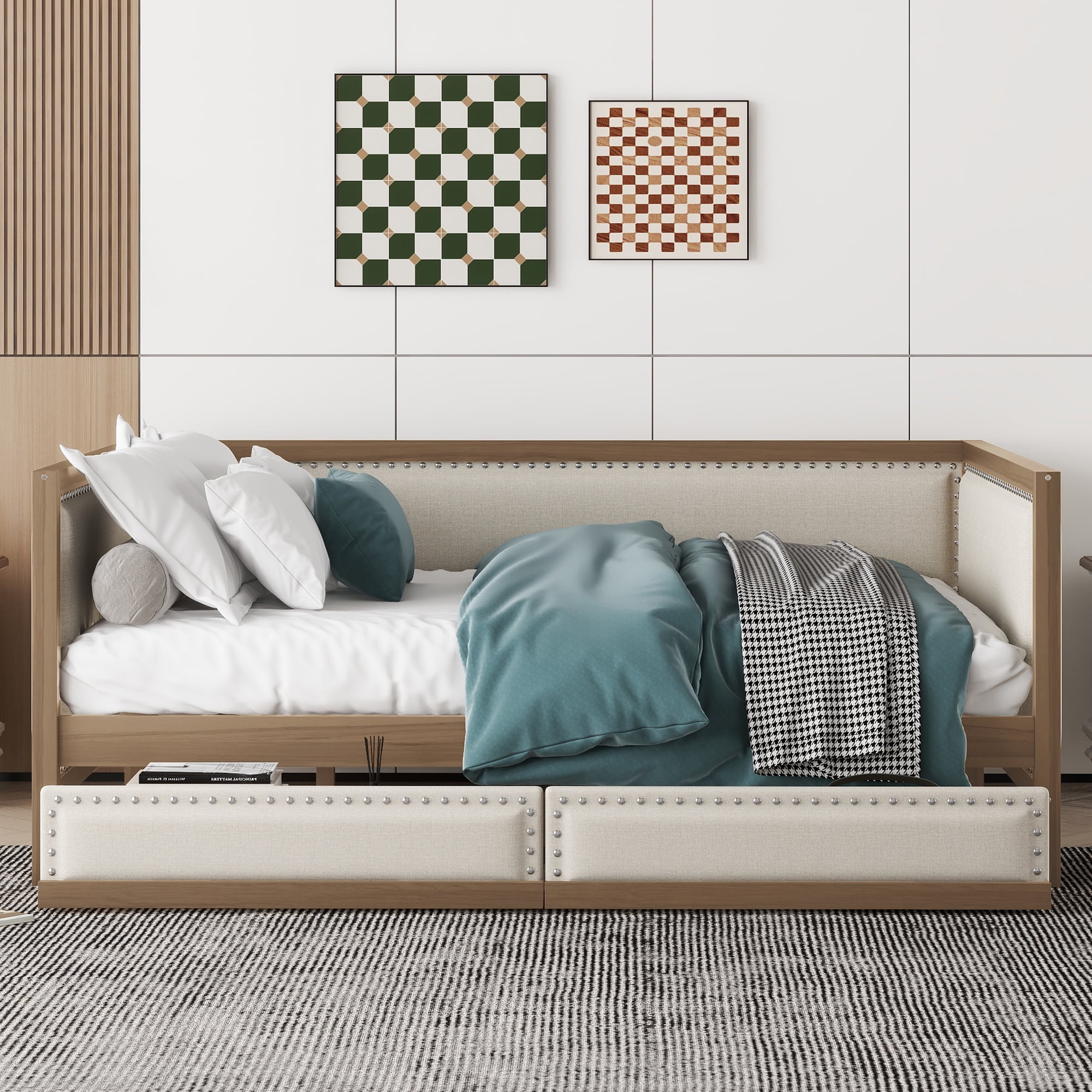 Euroco Upholstered Daybed with 2 Drawers, Full Size Nailhead Sofa Bed for Living Room