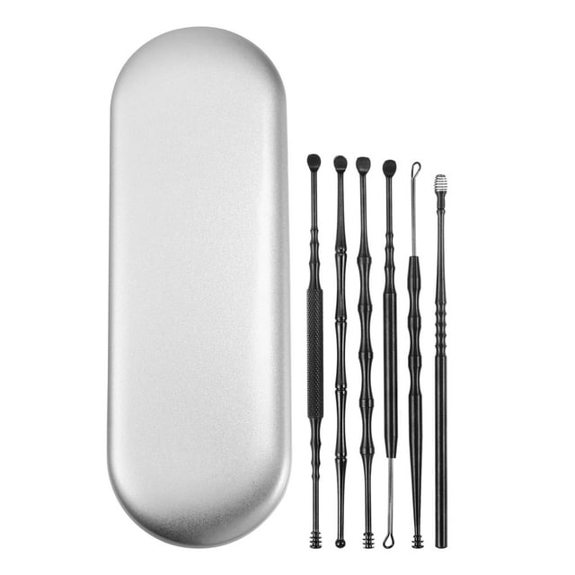 Unique Bargains 6Pcs Stainless Steel Ear Cleansing Tool Set Ear Cleaner Set Anti-slip Design with Storage Case Black
