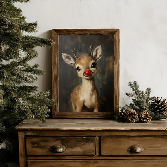 Rudolph Painting Reindeer Cute Print, Whimsical Deer Christmas, Red Nose Christmas Wall Art, Moody Vintage Rudolph Poster, Rustic Artwork, 32x48 UNFRAMED