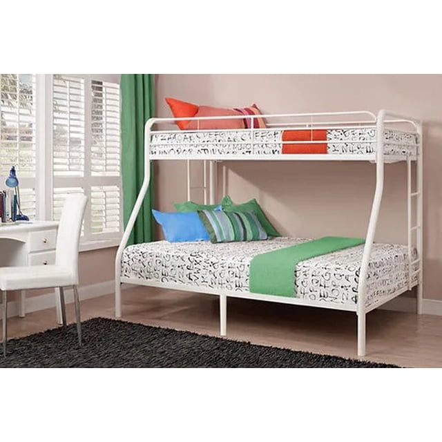 Twin over Full (Single over Double), Soild Metal Bunk Bed - Budget-Friendly - White Colour