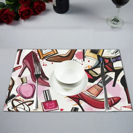 Shoe Table Decorations MKHERT Fashion Cosmetics Decor High Heel Shoes Perfumes Lipstick Placemats Table Mats for Dining Room Kitchen Table Decoration 12x18 inch,Set of 4 ()