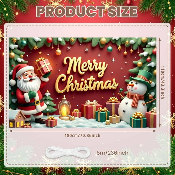 Red Background Christmas Banner Gold Lettering Merry Christmas Banner Santa Claus Design Snowman Pattern Xmas Banner for Christmas Party Holiday Celebration Family Gathering