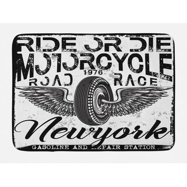Motorcycle Bath Mat, Ride or Die Road Race New York Grungy Poster Like Design Along Wings, Plush Bathroom Decor Mat with Non Slip Backing, 29.5" X 17.5", Charcoal Grey White, by Ambesonne