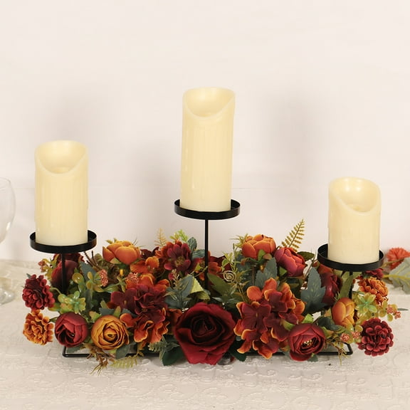 Realistic Artificial Flower Centerpiece With Black Candle Holders, 3-Segment Tabletop Candlestick for Weddings, Parties, Durable Plastic Floral Arrangement, Easy Assembly, Table Centerpieces