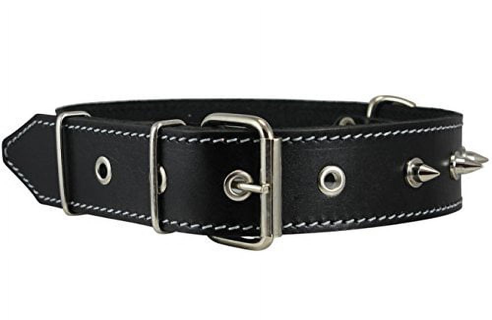 Real Leather Black Spiked Dog Collar Spikes, 1.5" Wide. Fits 17"-21.5" Neck, Large Breeds.
