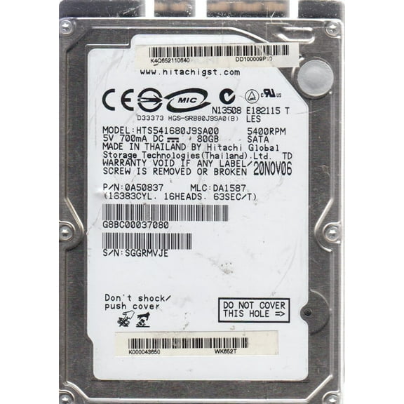 HTS541680J9SA00, PN 0A50837, MLC DA1587, Hitachi 80GB SATA 2.5 Hard Drive
