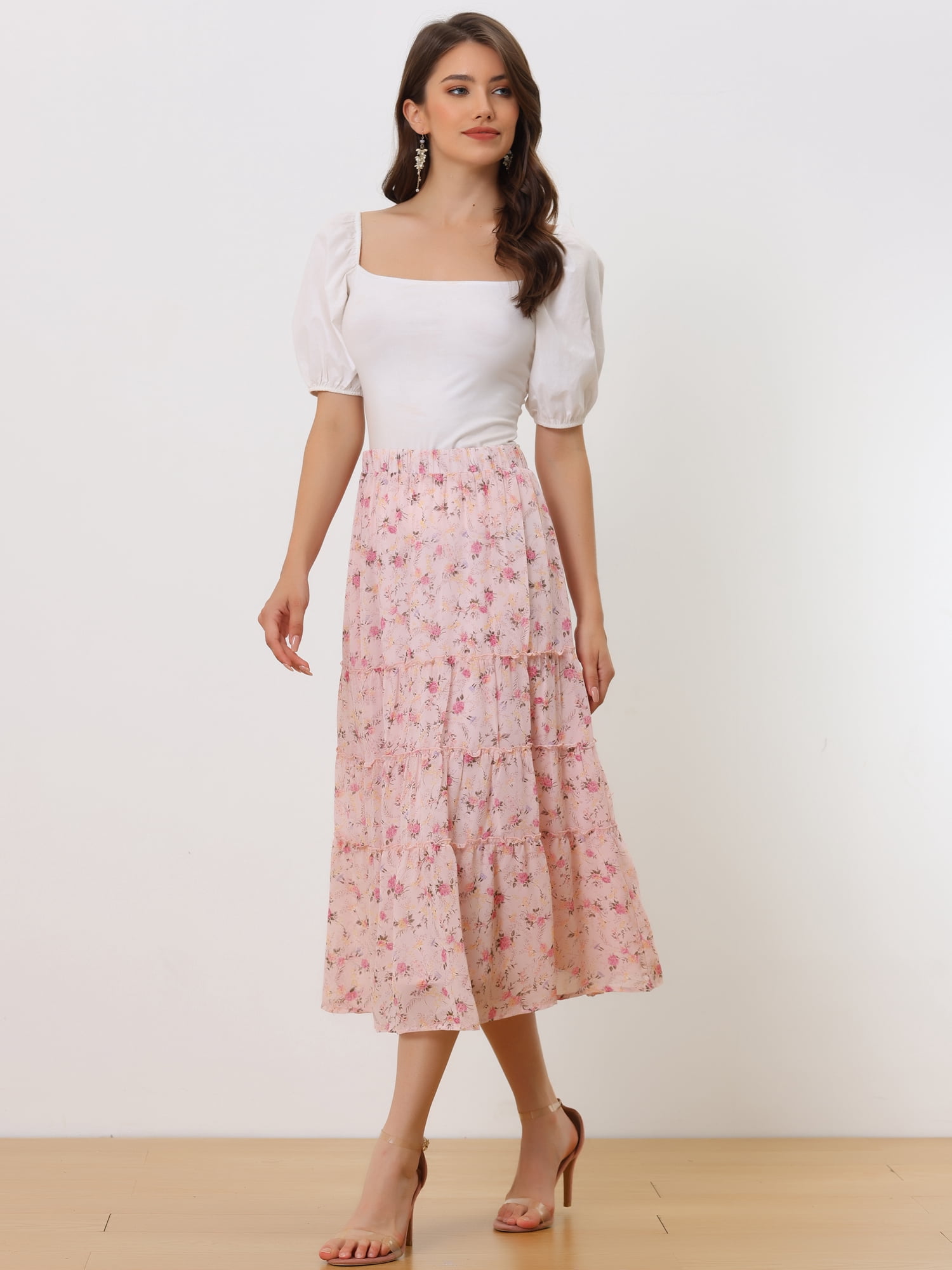 DARING DIVA Women's Chiffon Tiered A-Line Maxi Skirt 2XL Pink