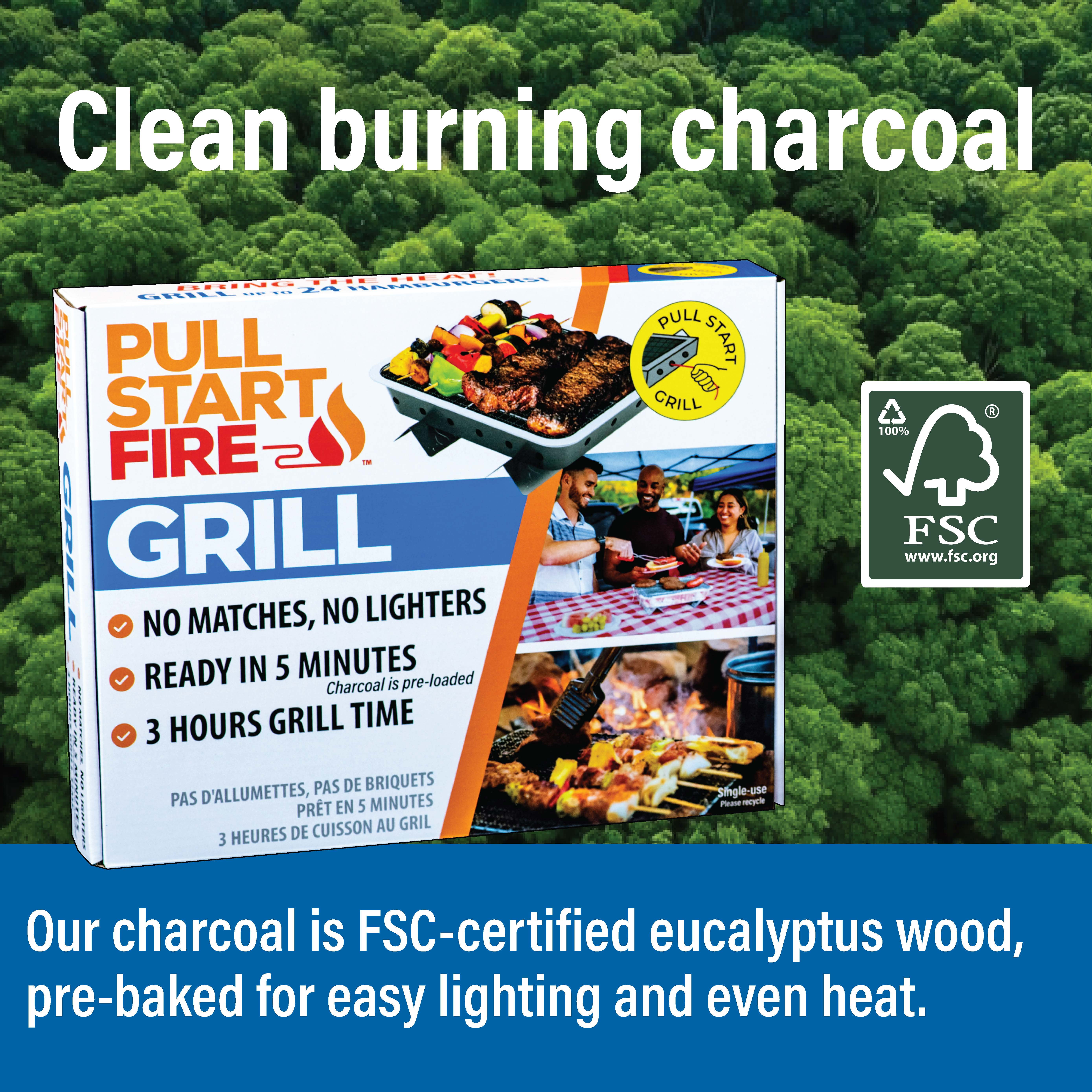 Pull Start Fire Single Use Portable Charcoal Grill, Matchless Ignition, Ready in 5 Min, 3 Hour Burn, No Cleanup