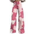 thumbnail image 2 of YanHoo Floral Printed High Waisted Jeans for Women Casual Stretchy Wide Leg Boyfriend Trousers Baggy Trendy Y2k Denim Pants Pink,XL, 2 of 6