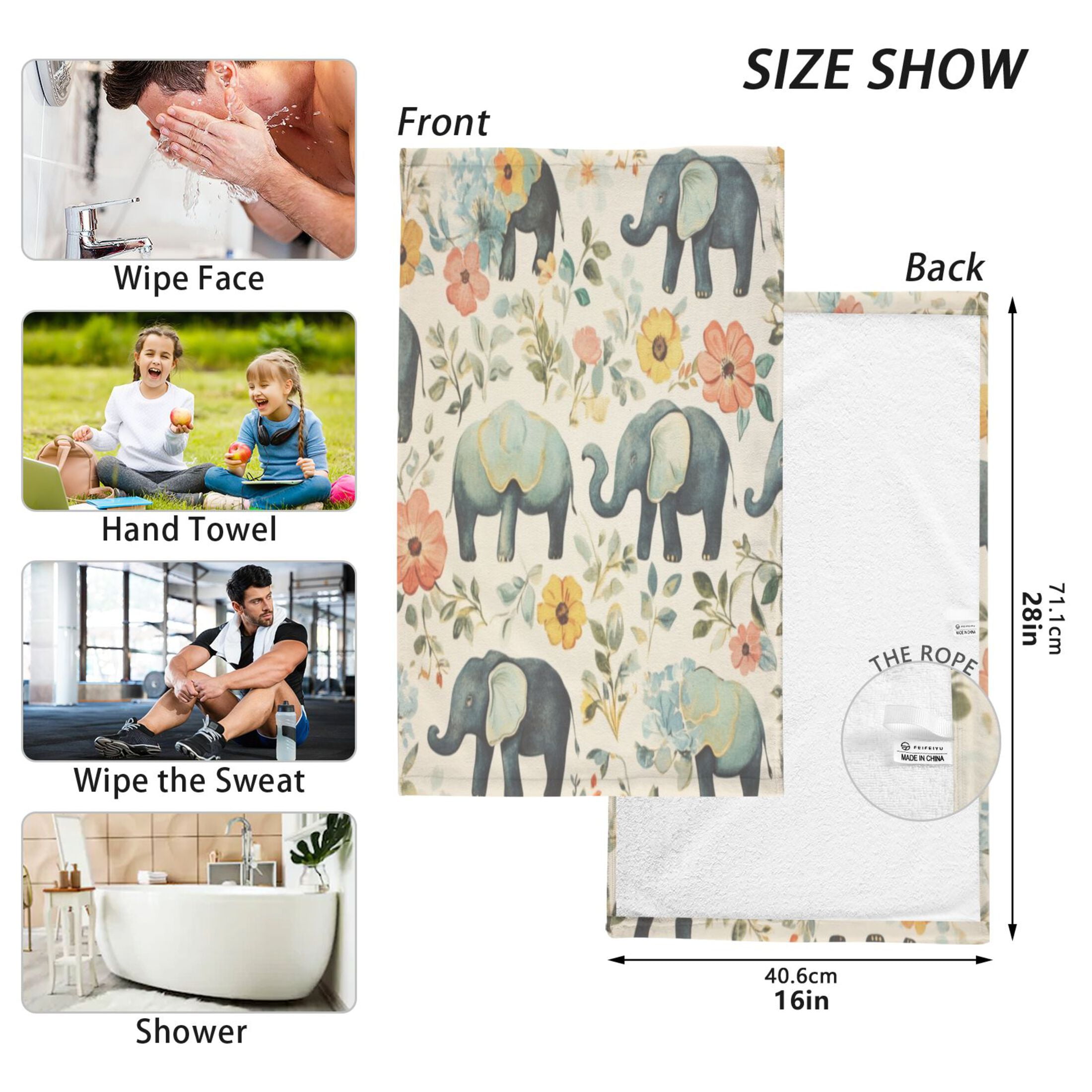 Cotton Towel Two-Piece 16x28 Inch One Sizex2 Face Towel Set Towel Set Cotton Hand Bath Towel Bathroom Beach Green Elephant Pattern