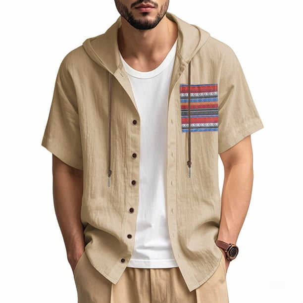 Ceisia Men's Relaxed Fit Cotton Linen Hooded Shirts | Short Sleeve Button Down Casual Shirts | Summer Beach Tops Gift