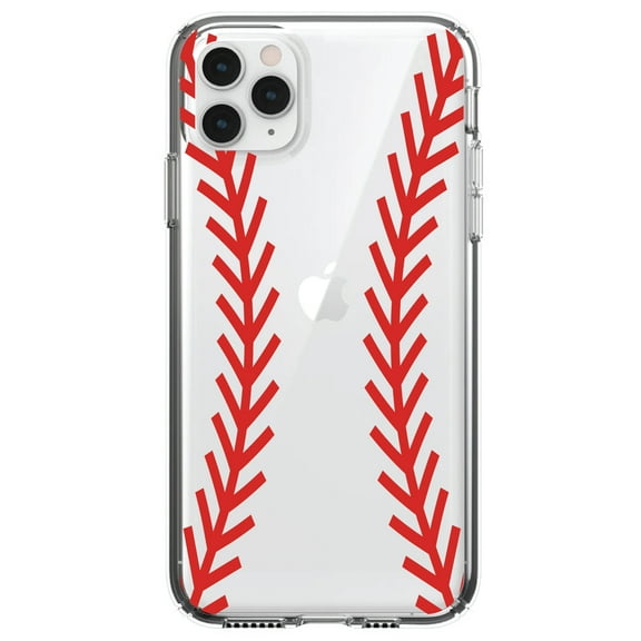 DistinctInk Clear Shockproof Hybrid Case for iPhone 13 Pro MAX (6.7" Screen) - TPU Bumper, Acrylic Back, Tempered Glass Screen Protector - Red Baseball Stitching