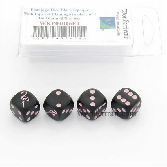 Flamingo Dice D6 Black Opaque with Pink Pips 16mm (5/8in) Set of 4 Wondertrail