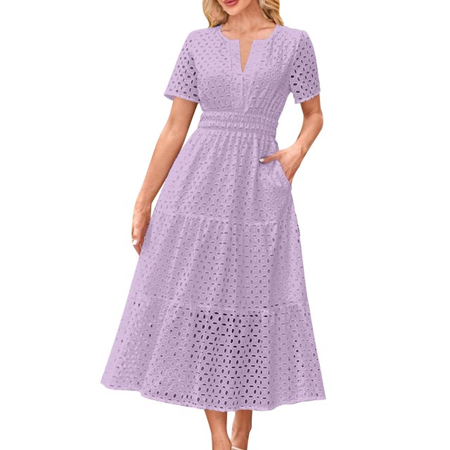 Annhoo Robes d'Été en Coton pour Femmes Col en V Manches Courtes Taille Élastique Décontractée Longues Robes de Plage