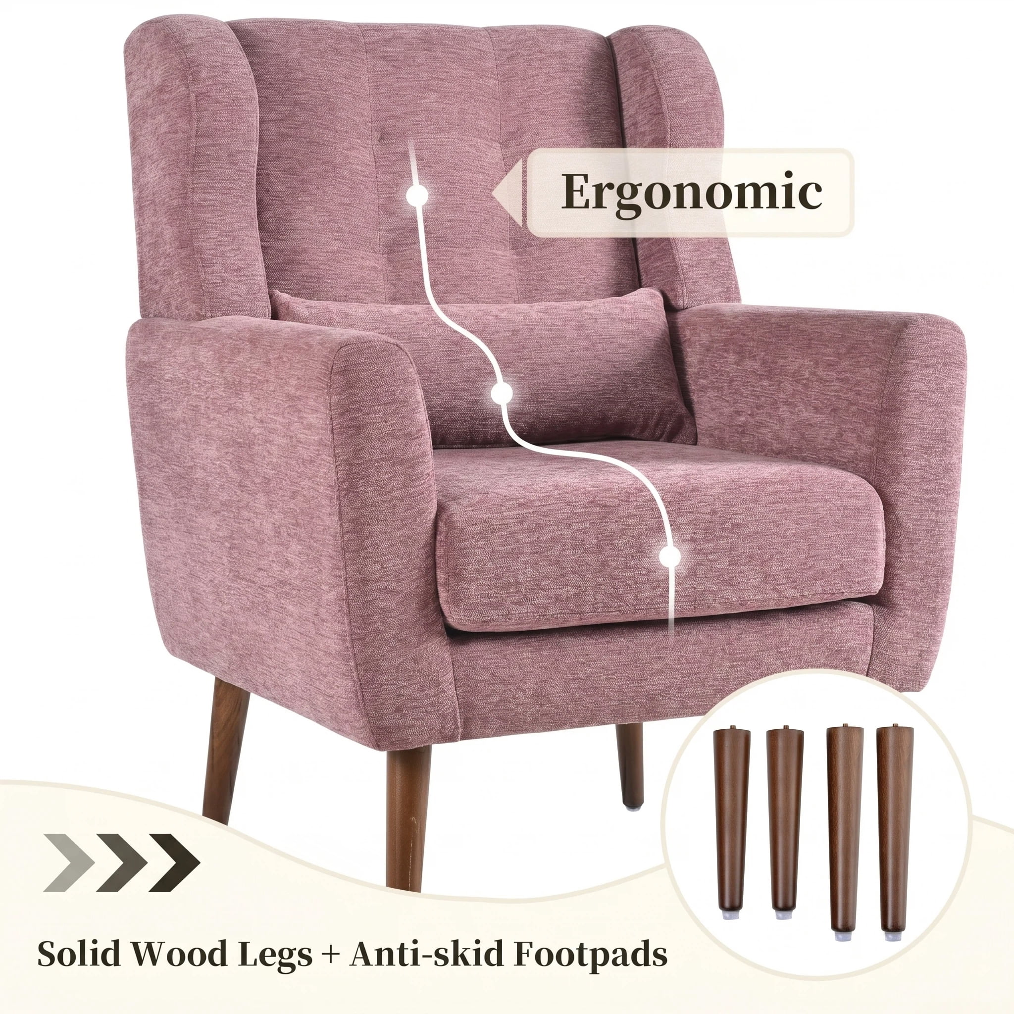 AISWORD Modern Accent Chair, Upholstered Armchair with Pillow, Fabric Single Sofa Chair with Lounge Seat and Wood Legs Accent Chair for Living Room Bedroom Small Spaces, Dark Purple