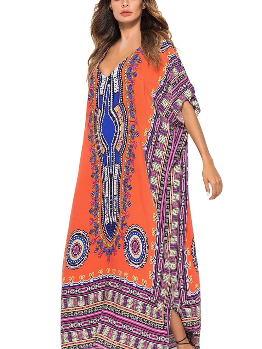 Linen Kaftan Dresses for Women Plus Size Tribal Aztec Crew Neck Sleeveless Loose Maxi Dress with Pockets Casual Summer Boho Sundress
