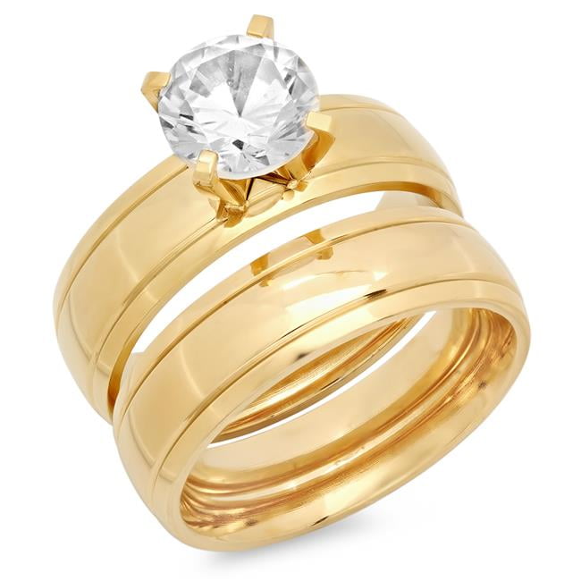 Get Noticed Gold Plated Stainless Steel Double Engagement Ring 18 Karat Gold Multicolor