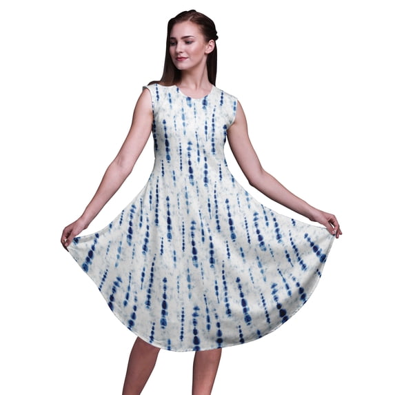 Bimba Blue Print Shibori Women Printed Knee Length Sleeveless Shift Summer Dress-XX-Large