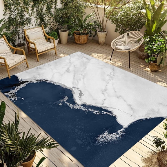 Wild Marble Texture Outdoor Area Rug 3x5ft Decorative Indoor Outdoor Rug Navy Blue White Patio Area Rug for Porch, Deck, Balcony, Entryway, Camping & RV