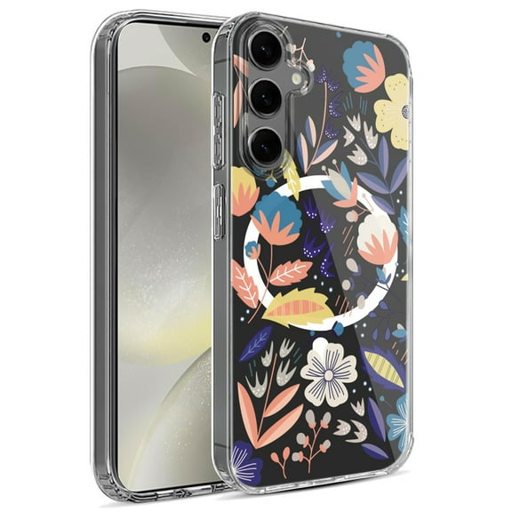 For Samsung Galaxy S25 /S24 Case, Hybrid Flower Design Stylish Fashion Case, MagSafe Compatible, Thick Shockproof Hard PC Phone Cover (Blue Yellow Floral)