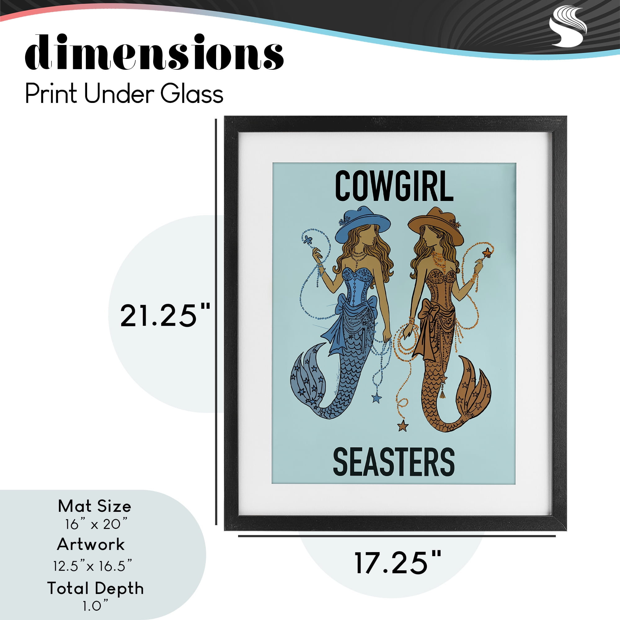 Cowgirl Seasters Mermaid Friendship Black Framed Print Under Glass, design by Amelia Noyes