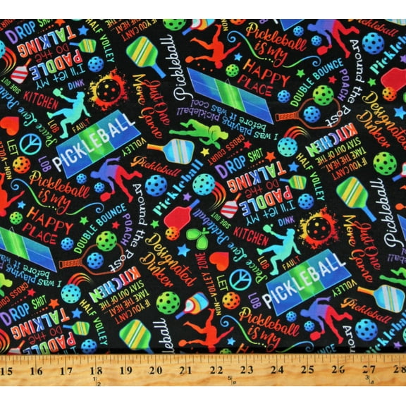 Cotton Pickleball Games Sports Words Phrases Sayings Multi-Color on Black Cotton Fabric Print by the Yard (GAIL-CD2274-BLACK)