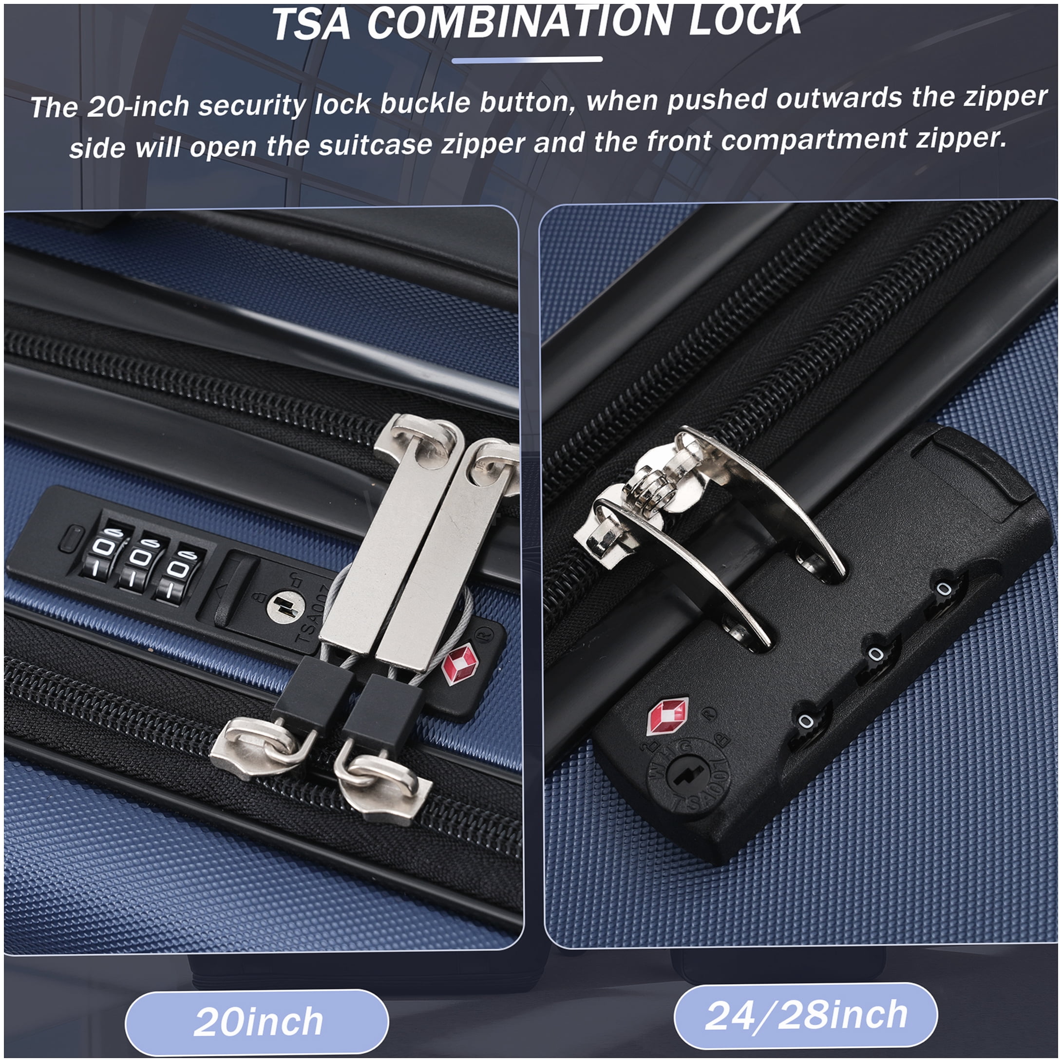 MANGIJOY 20 24 28 Inch Hardside Luggage Set 5 Pcs, ABS Carry On with USB Port, Expandable Spinner Suitcase TSA Lock, Blue Travel Luggage