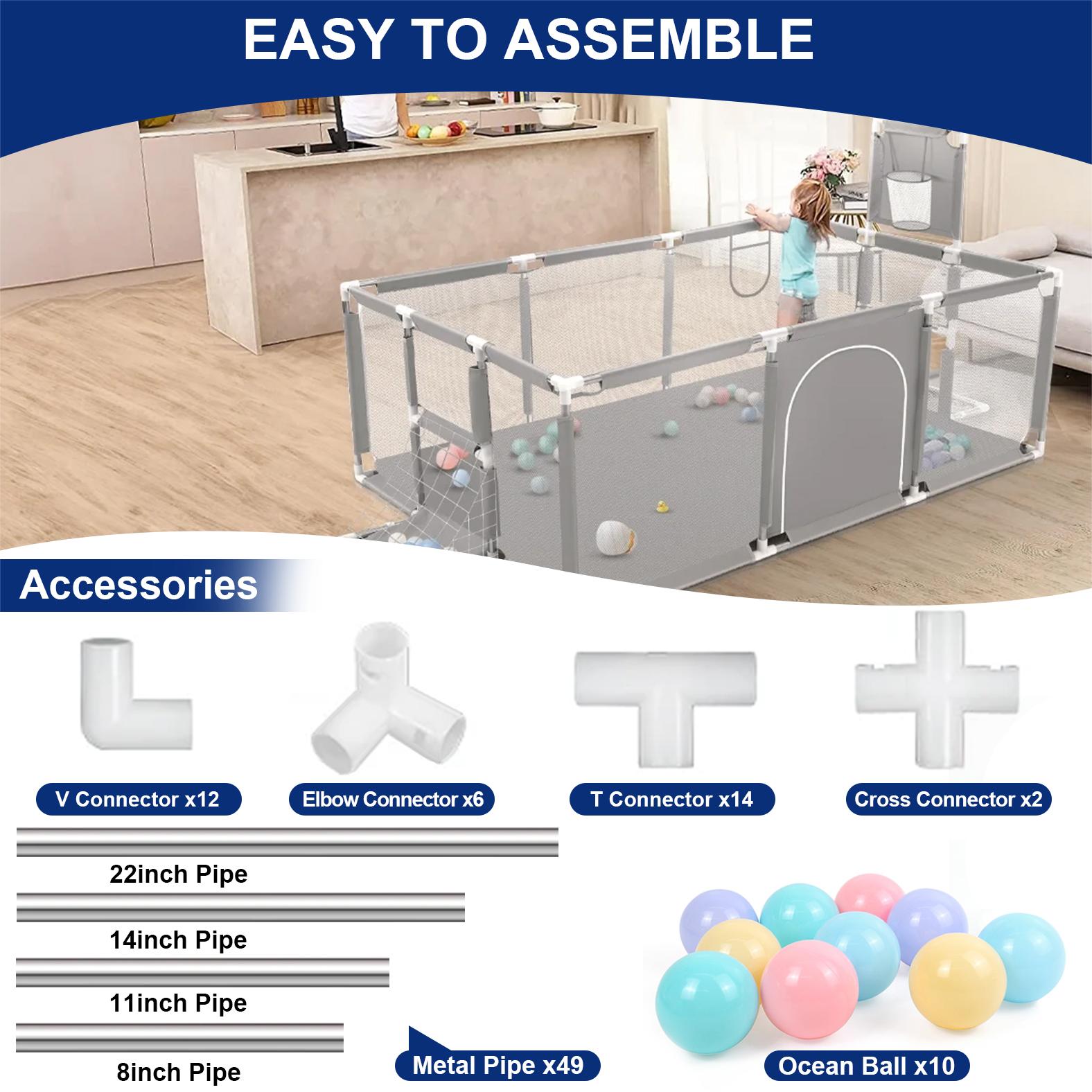 71" x 48" Extra Large Playpen for Babies Toddlers, Baby Playard with Basketball Hoop, No Gap Kids Fence Play Area Ball Pits, Infant Safety Play Yard with Door/Soccer Net