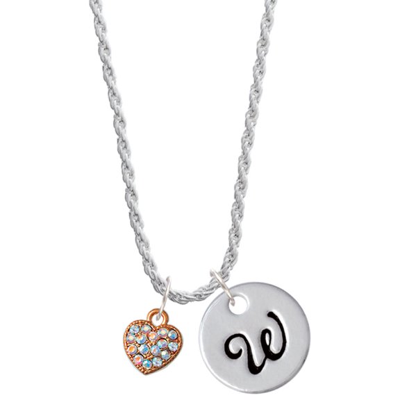 Delight Jewelry Small Rose Goldtone Heart with Clear AB Crystals Silvertone Script Initial Disc - W - Charm Necklace, 20"+3"