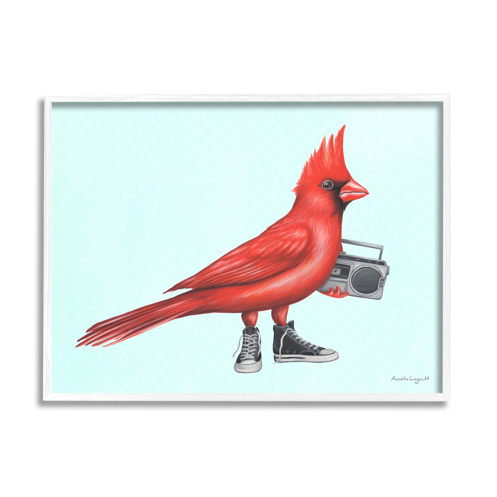 Stupell Industries Cardinal Bird Black Sneakers Retro Boombox Illustration Graphic Art White Framed Art Print Wall Art, Design by Amelie Legault