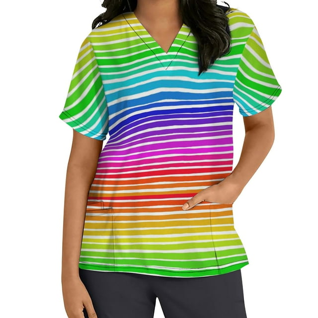 Snoarin Summer Plus Size Blouse for Women Tops Short Sleeve V-neck Tops Working Uniform Stripe Print With Three Pockets Blouse Work Uniforms for Women on Clearance