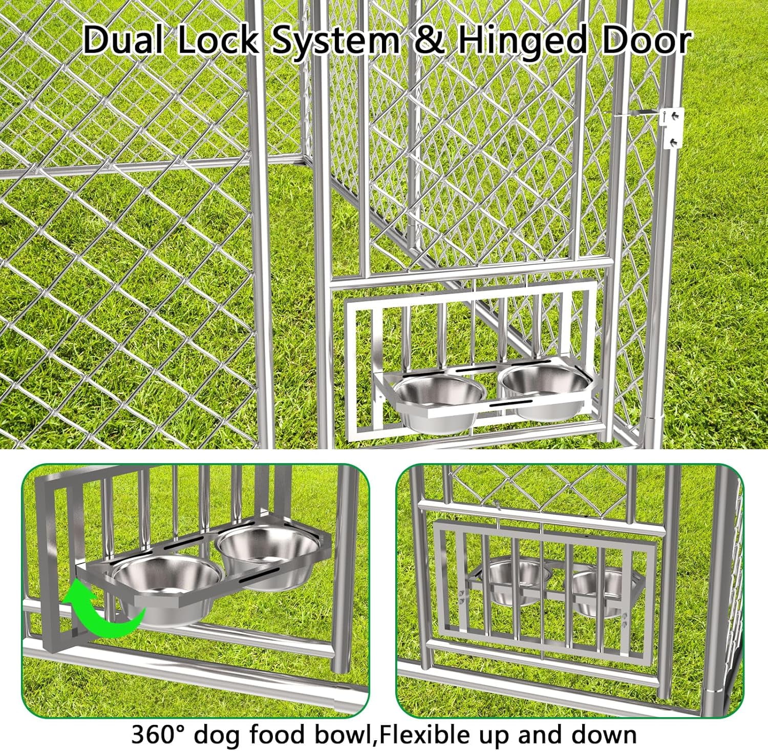 Outdoor Dog Kennel with Bowls 10x10 FT, Heavy Duty Large Outside Dog Enclosure with UV-Resistant Waterproof Sun-Proof Cover, Double Security Locks for Backyard Farm Ranch