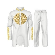 High Quality African Mens 2 Piece Set Long Sleeve Gold Embroidery Dashiki Shirt and Pants Outfit Traditional Suit WYN1913