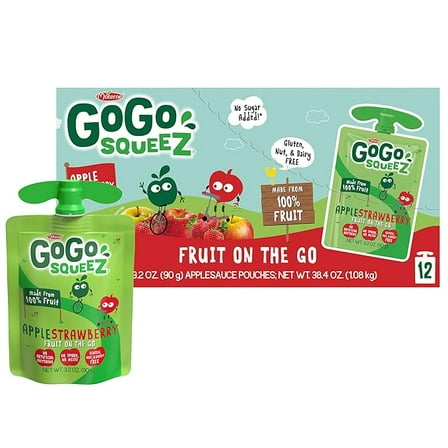 GoGo squeeZ Applesauce and Fruit Puree, Apple Strawberry, 3.2 oz (Pack of 12), Unsweetened Fruit Snacks for Kids, Gluten Free, Nut Free and Dairy Free, Recloseable Cap, BPA Free Pouches( Pack of 2 )