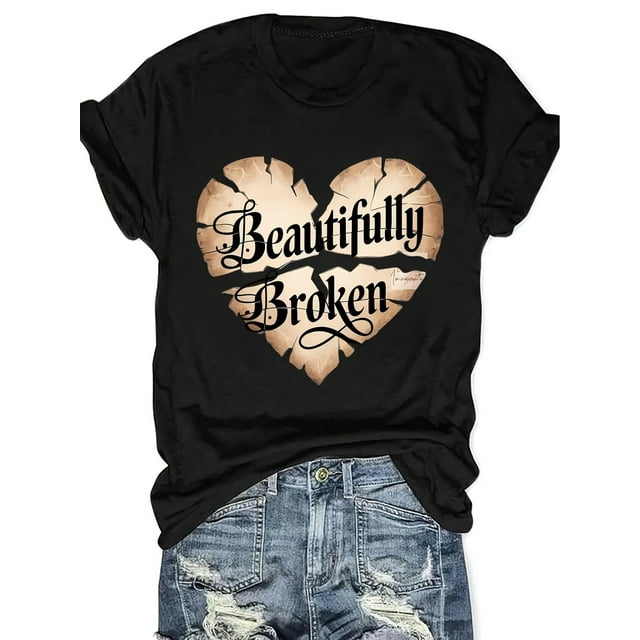 T-Shirt Col Rond en Tissu Tricoté avec Imprimé Cœur Brisé - Décontracté pour Femmes, Longueur Régulière, Confort Toutes Saisons